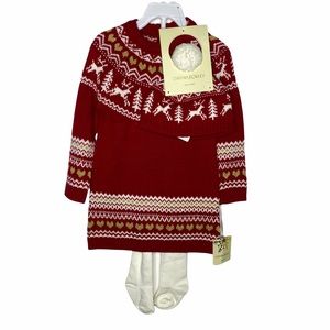 CYNTHIA ROWLEY Red & White Fair Isle Reindeer Knit Dress 3 pc Outfit 24 months